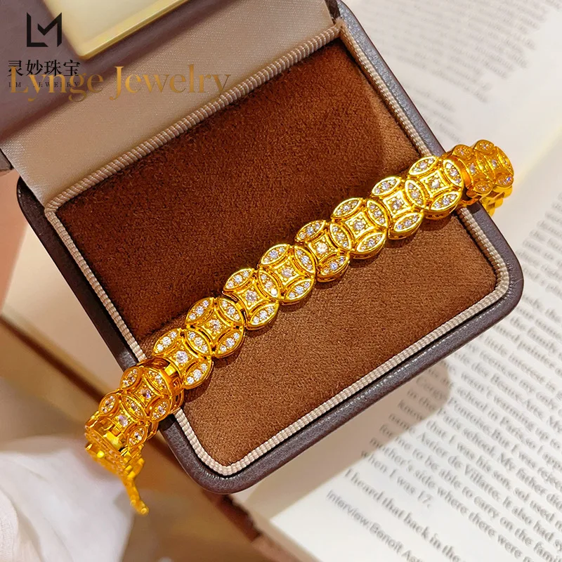 Lynge Jewelry 9999 24K real gold full diamond eight-way copper coin bracelet hollow five emperors coins and many bracelets light