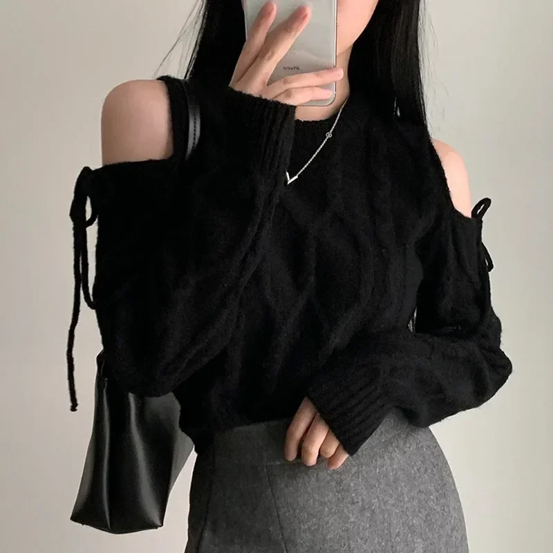 Neploe Vintage Fashion O-neck Knitted Pullover Hollow Out Off Shoulder Lace Up Sweaters Winter New Long Sleeve Loose Tops Women