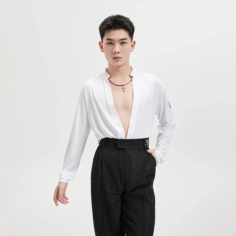 جديد الرجال ملابس الرقص اللاتينية شبكة طويلة الأكمام بلايز الكبار الذكور ممارسة الملابس تشا تشا رومبا زي الخامس الرقبة تي شيرت BL14896