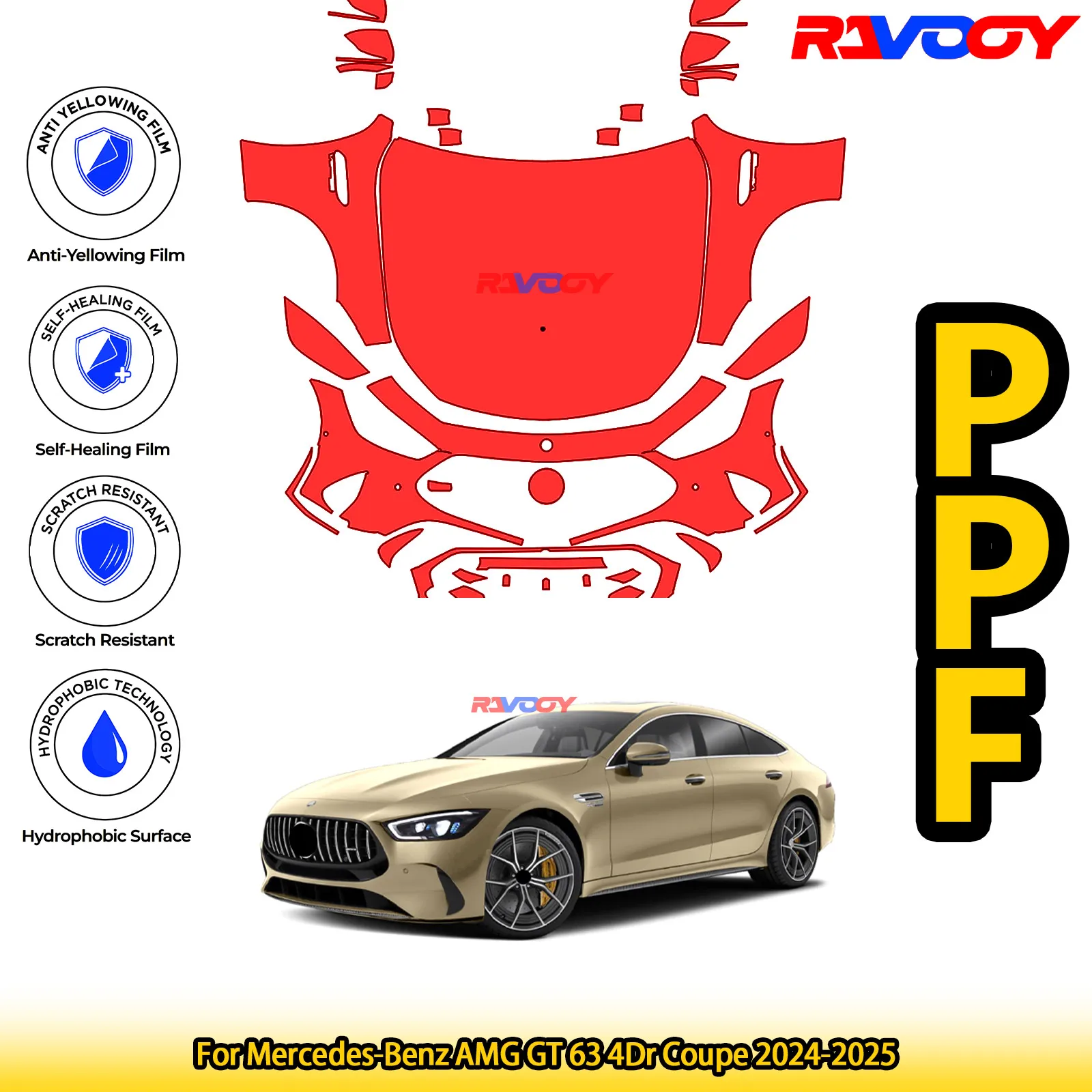

For Mercedes-Benz AMG GT 63 4Dr Coupe 2024-2025 Glossy Matte Black Precut front PPF Kit Paint Protection Film