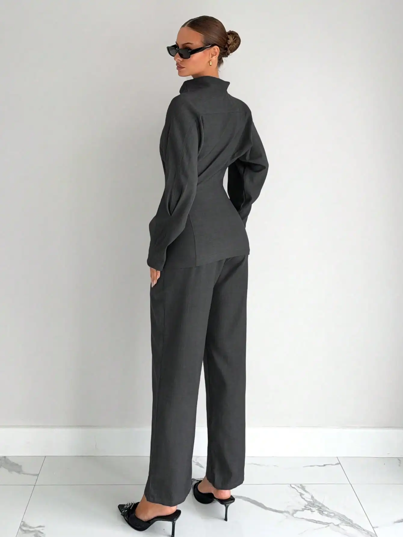 회색 2피스 여성 티셔츠 세트, 비즈니스 캐주얼 오피스웨어, 겨울용 모던 출퇴근복