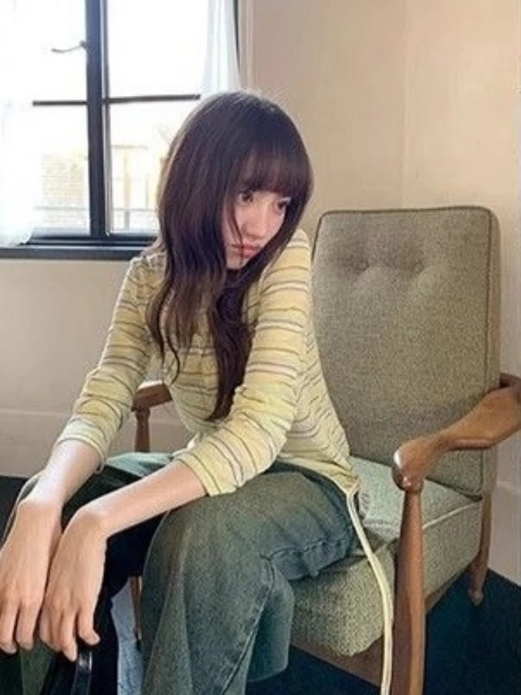 Irregular Striped Two Ways To Wear T-shirt Women Casual Loose Y2k Aesthetic Grunge Tees Streetwear Autumn Single Breasted Tops