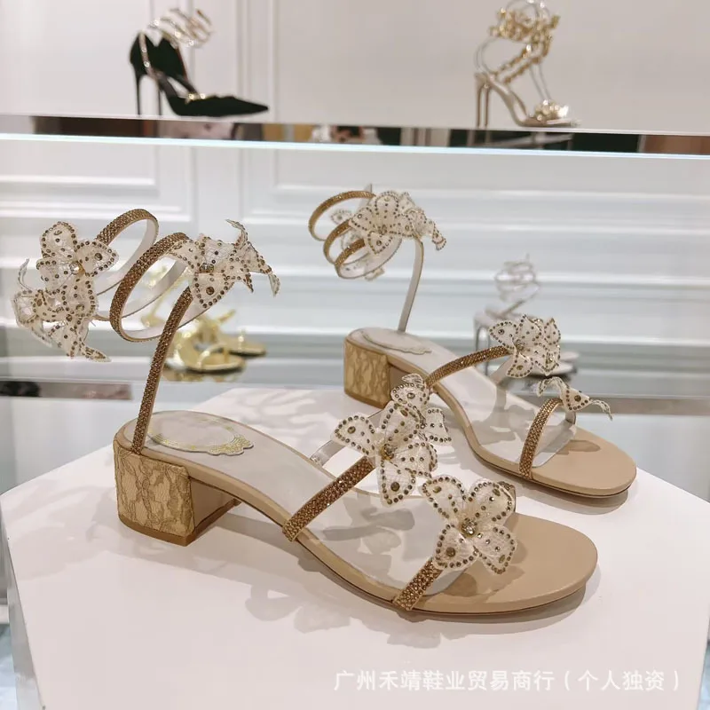 

Margot Floral-Appliqué Rhinestone Sandals Open Toe Crystal Wraparound Chandelier Juniper Brass Strappy Crystal-Strap block heels