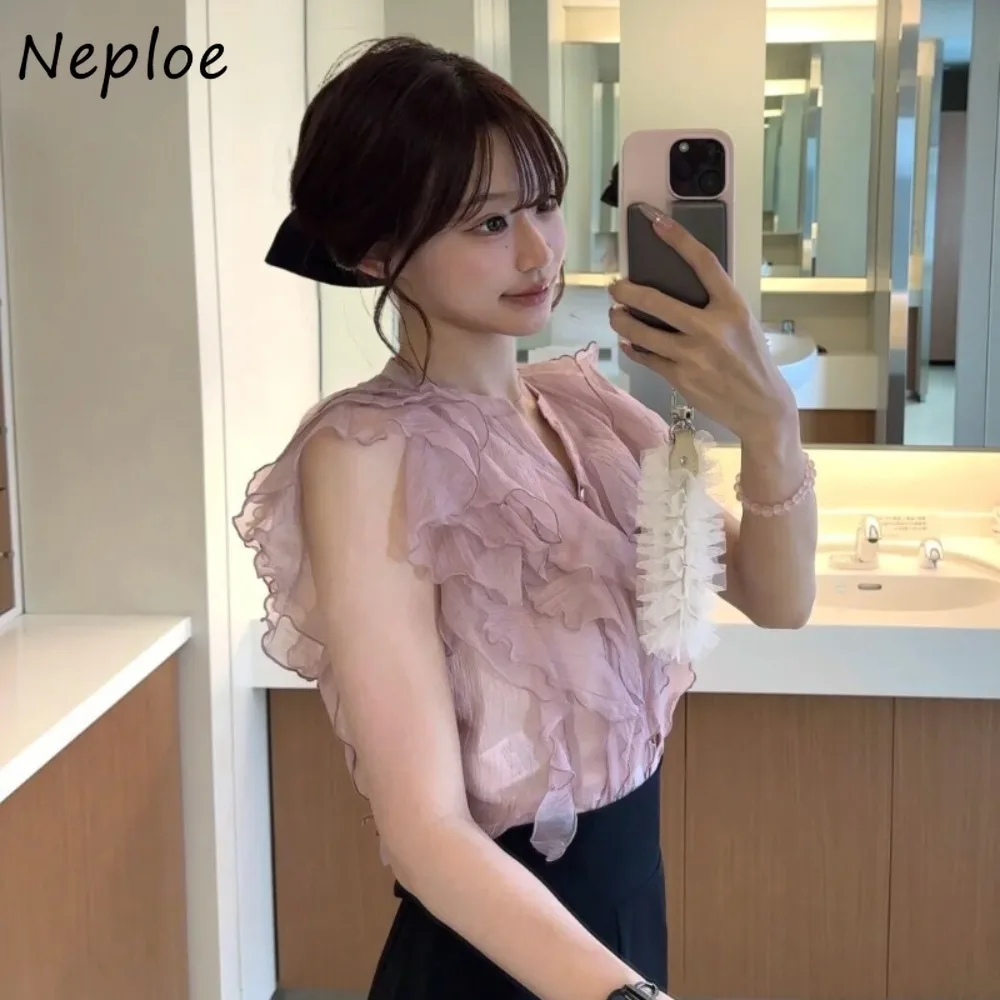 

Neploe New Sweet Ruffles Slim Waist Shirt Sleeveless All-match Celebrity Elegant Blusas Japan Moda Gentle Fresh Casual Blouses