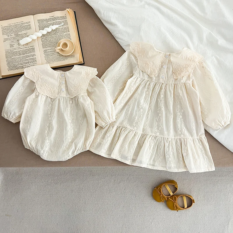2025 New Spring 2-6Yrs Girl Party Dress Kids Princess Dresses Long Sleeved Cotton Embroidery Baby Girl Romper Sister Clothes