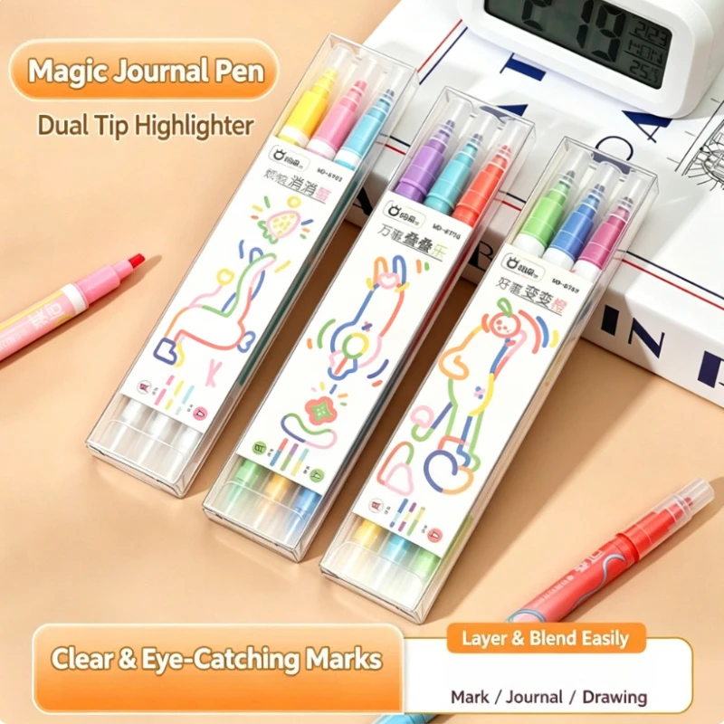 3pcs Dual-Head Fluorescent Pens Set Erasable Layering Color-Changing Maroon Cartoon Gift Box Student Supplies Smooth Drying