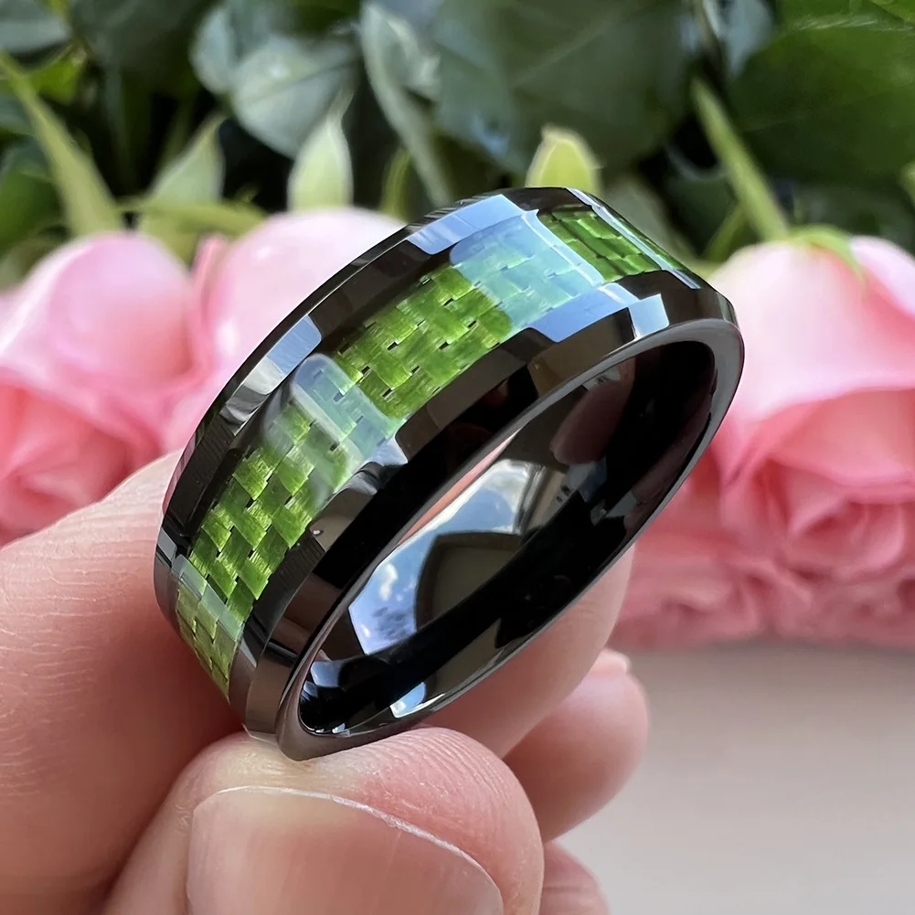 Green Men's 8mm Black Tungsten Carbide Wedding Band Engagement Rings for Men Women Carbon Fiber Inlay Beveled Edges Comfort Fit