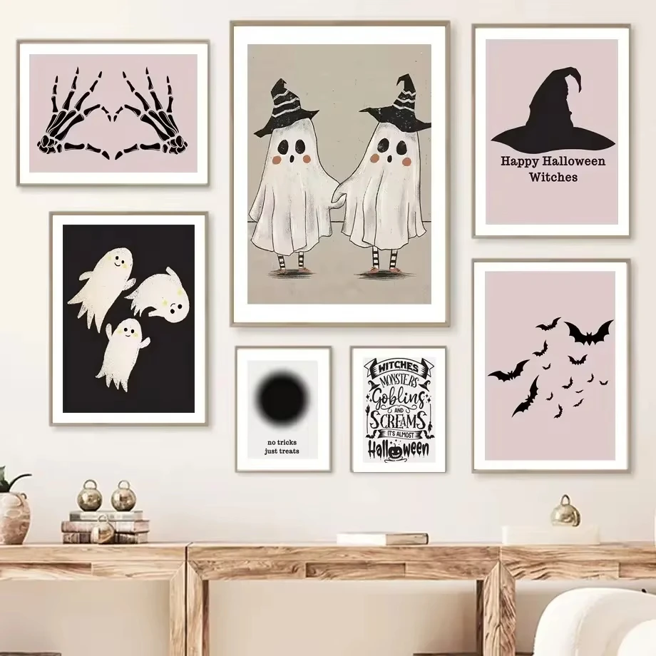 Gothic Ghost Skeleton Pink Halloween Witchy Wall Art Canvas Painting Nordic Posters and Print Wall Picture for Living Room Decor