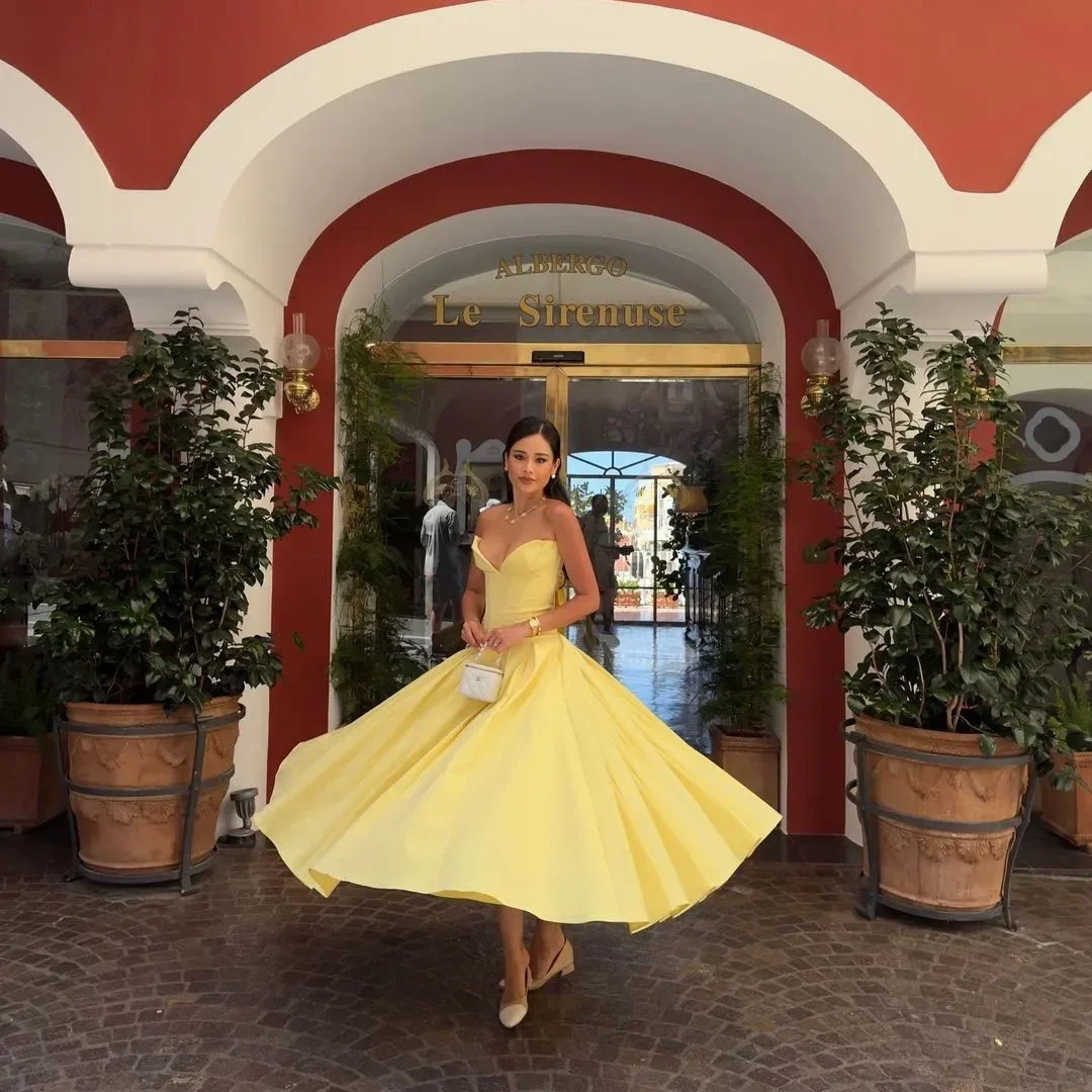 Mingmingxi-Vestidos ceñidos sin tirantes para mujer, traje elegante Formal para ocasiones, color amarillo, para fiesta de invitados, novedad de 2024