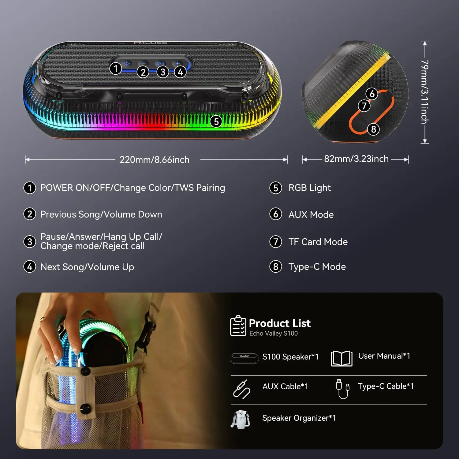 S100 Wireless Bluetooth Speaker RGB Transparent Audio 3D Surround Sound Subwoofer TWS Stereo Outdoor Waterproof Card Speakers