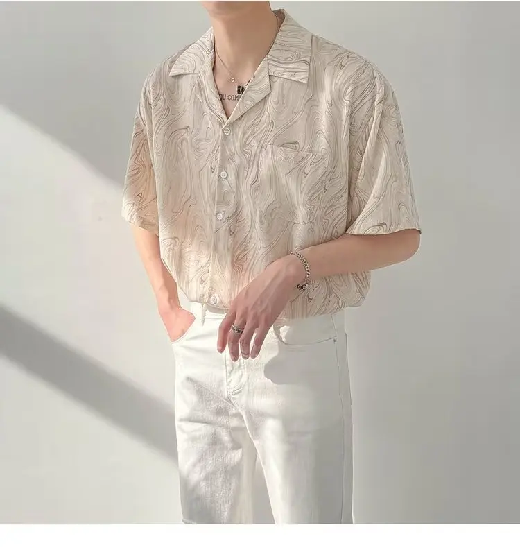 2025 Summer New Korean Version Loose Trend Fashion Printed Short Sleeve Lapel Men's Clothing Handsome Simplicity Commute Shirt