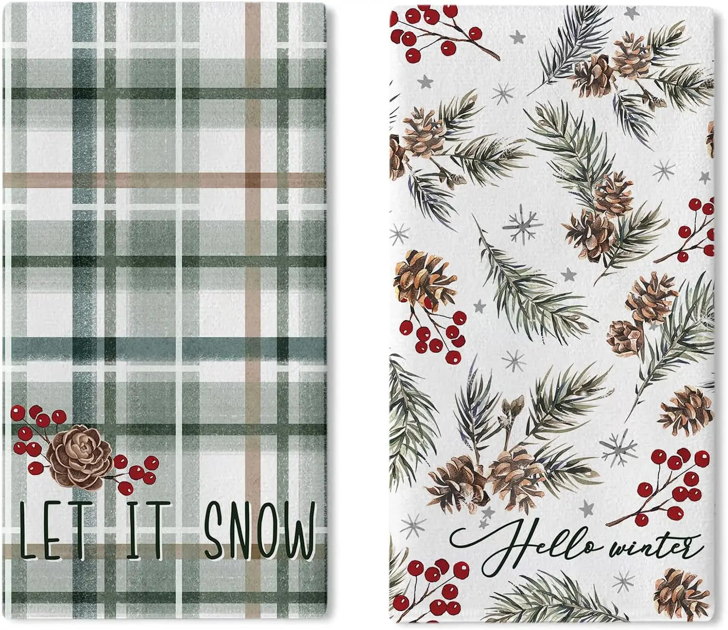 Christmas Pine Cone Pine Needle Berry Kitchen Dish Towels Winter Let It Snow Absorbent Hand Towel Cleaning Cloth Christmas Decor