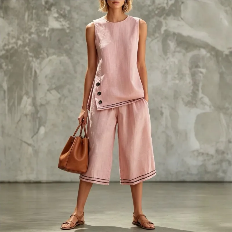 Casual Fashion Pants Set Summer Side Slit Sleeveless Vest Top + Wide Leg Pants 2-piece Set New Loose Female Vacation Set Outfits
