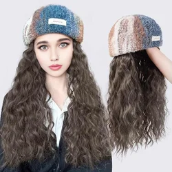 Wig Hat Women's All in One Autumn/Winter New Fashionable Long Curled Hair Rainbow Oil Painting Beret Simulated Hair Wig Headset