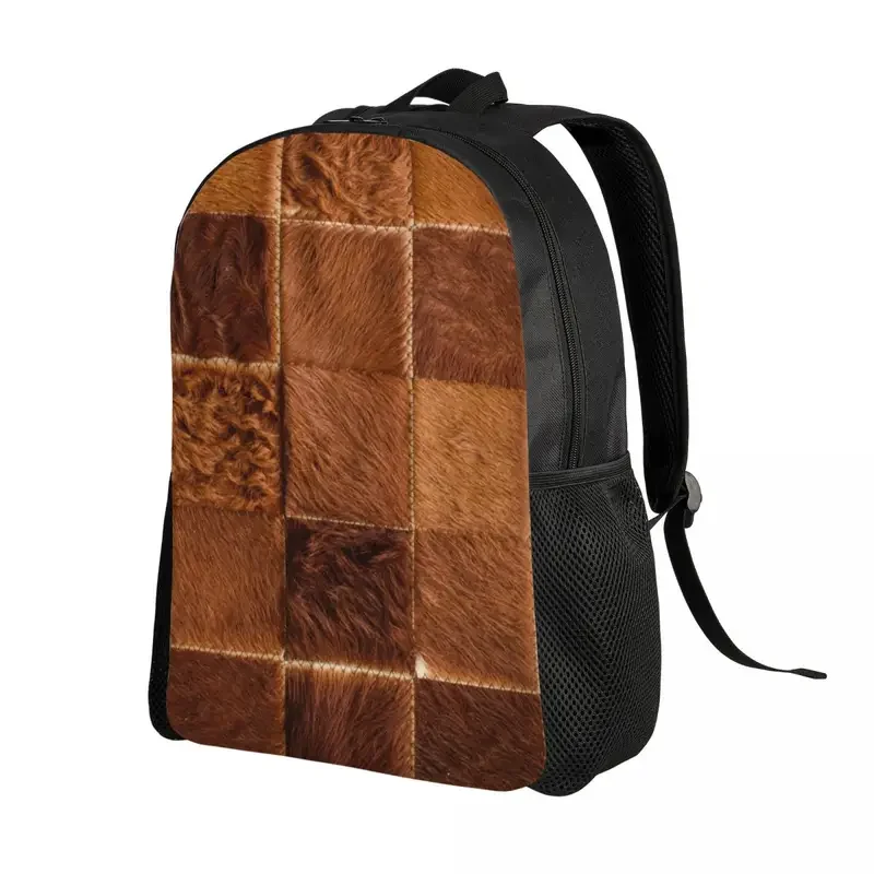 Brown Checkered Cowhide Patche Backpack School College Students Bookbag Fits 15 Inch Laptop Animal Fur Leather Texture Bags