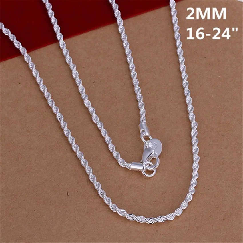 16-24Inch 925 Sterling Zilver 2Mm Touw Ketting Mooie Mode Elegant Voor Vrouwen Mannen Ketting Schattige Kan Hanger