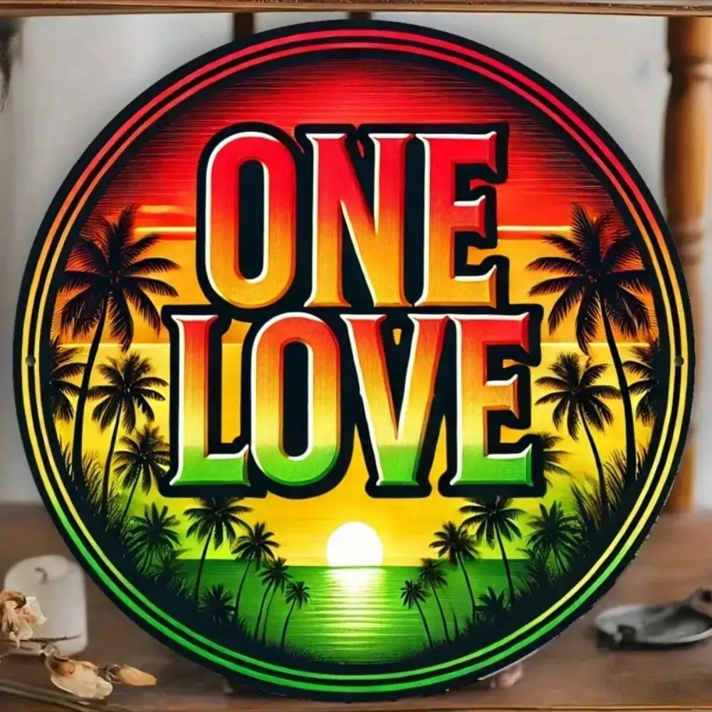 ONE LOVE Vintage Aluminum Wall Art, Round Metal Decor Engraving Durable Weatherproof