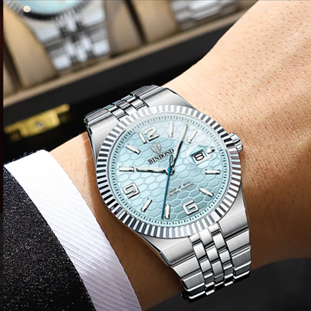 BINBOND ใหม่ 8181 หรูหราธุรกิจแฟชั่นผู้ชายนาฬิกาควอตซ์กันน้ํา Night Light ปฏิทิน Casual ผู้ชายนาฬิกาควอตซ์ 2025