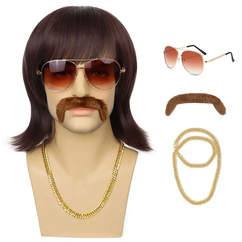 

Синтетический парик в стиле диско 70-х с бородой, очками и цепью, короткий коричневый парик-маллет для мужчин, подходит для косплея рокеров и хиппи 60-х годов.