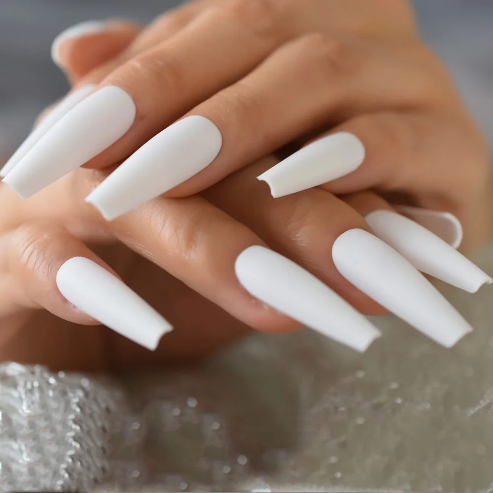 Super Long Fake Nails Coffin Matte White Press on Nails Ballerina Acrylic False Nails Tips Cosplay Party Salon Office Lady Girls