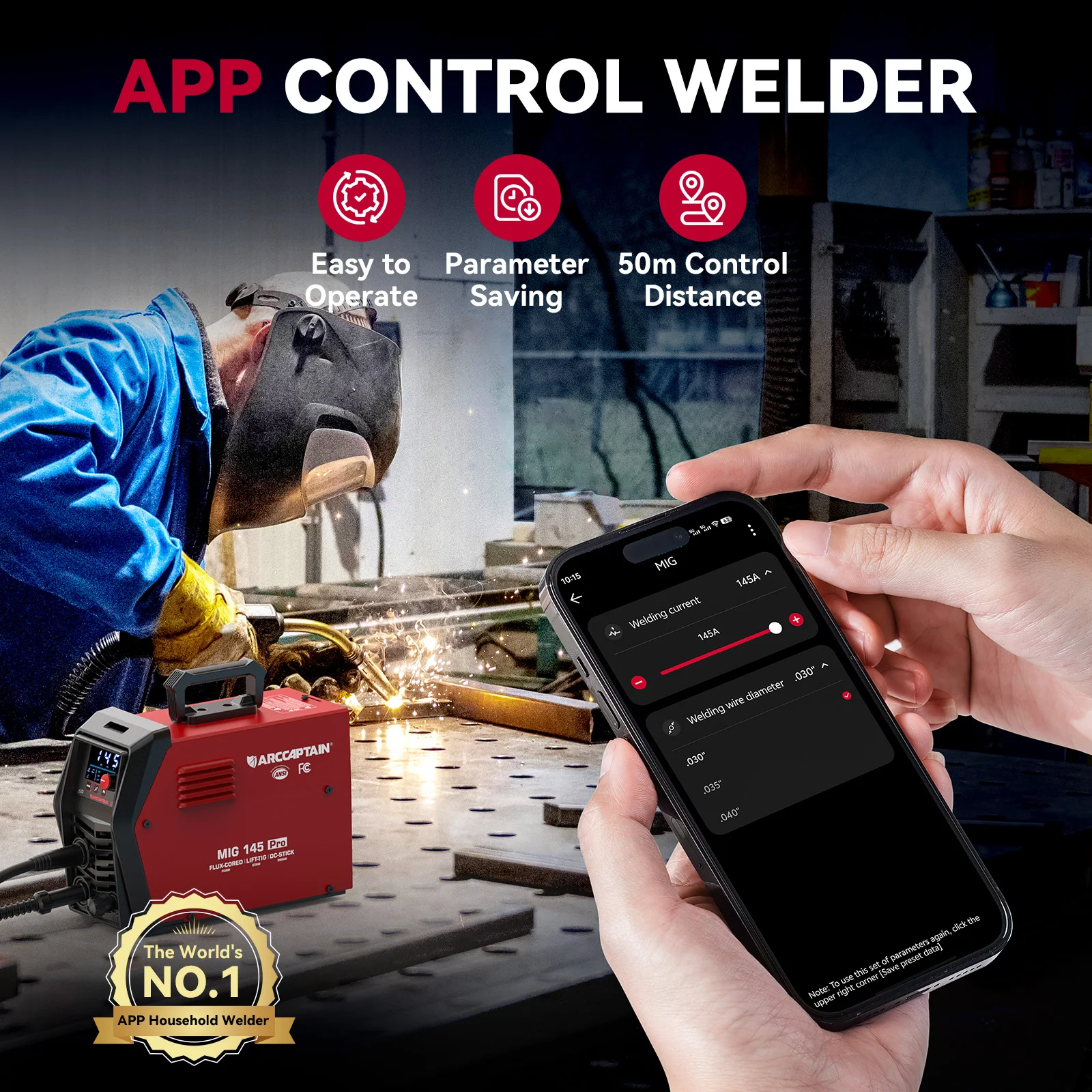 ARCCAPTAIN iControl MIG Welding Machine APP Control 3 IN 1 Flux Core MIG MMA Stick/Lift TIG 110V 145Amp Portable Synergy Welder