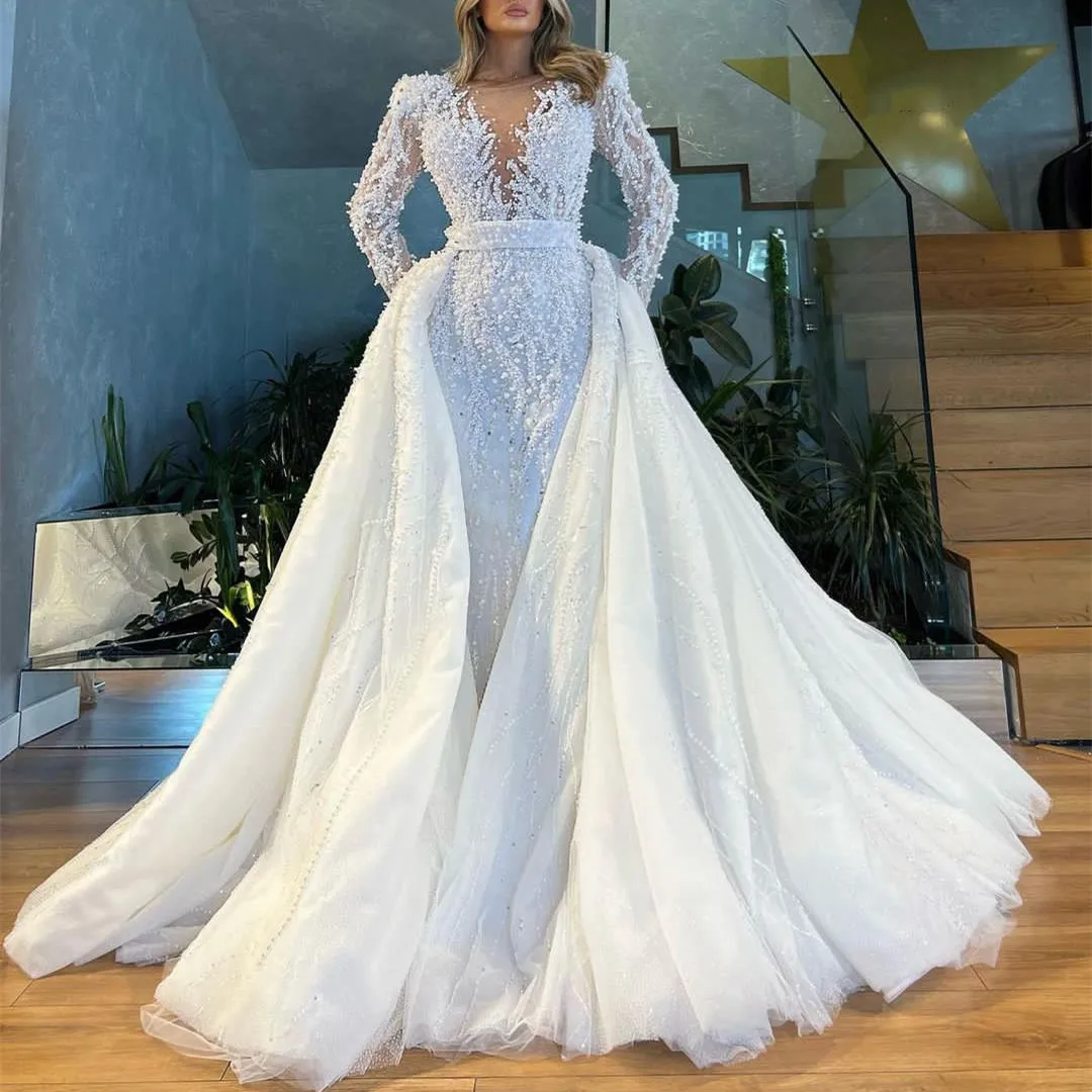 

Luxury Wedding Dresses Long Sleeves V Neck Lace Pearls Sequins Appliques Beaded Detachable Train Bridal Gowns Vestina De Novia