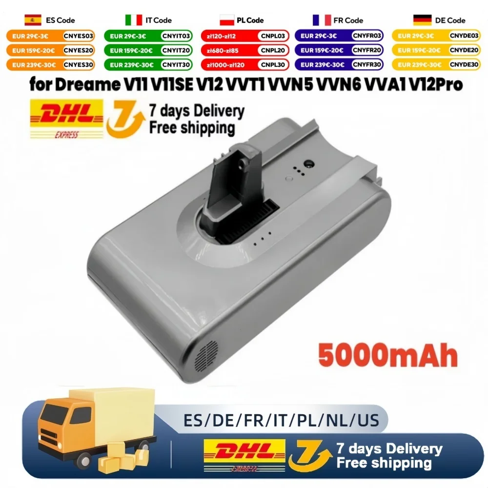 5000mAh Li ion Battery For Dreame Handheld Cordless Vacuum Cleane V11 V11SE V12 VVT1 VVN6 VVA1 Replacement Battery Accessories