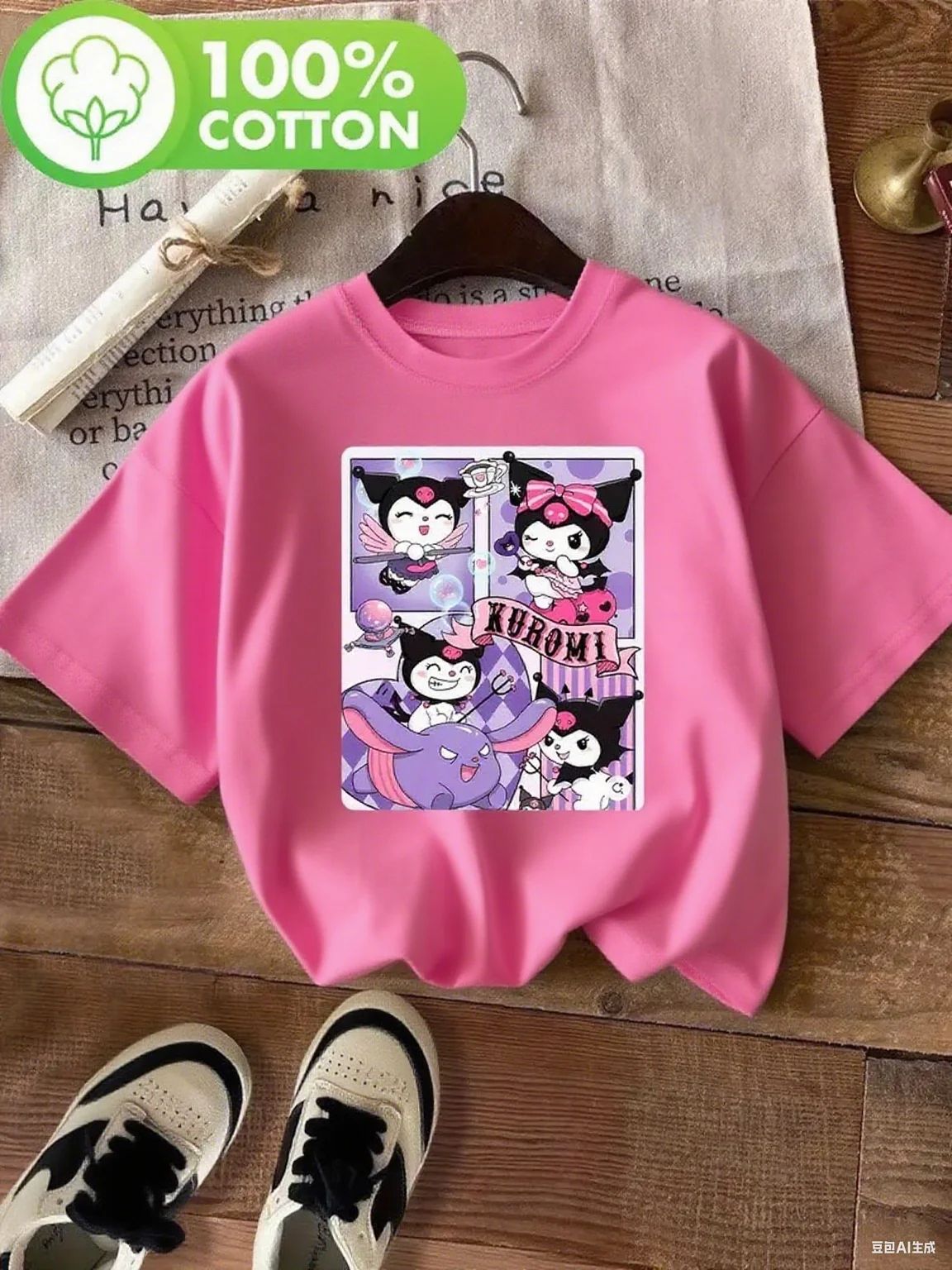 تي شيرت قطني مطبوع عليه رسوم كارتونية من Kuromi، نمط ممتع ومرح للمظهر اليومي، تي شيرت عصري مطبوع من القطن الخالص بأكمام قصيرة