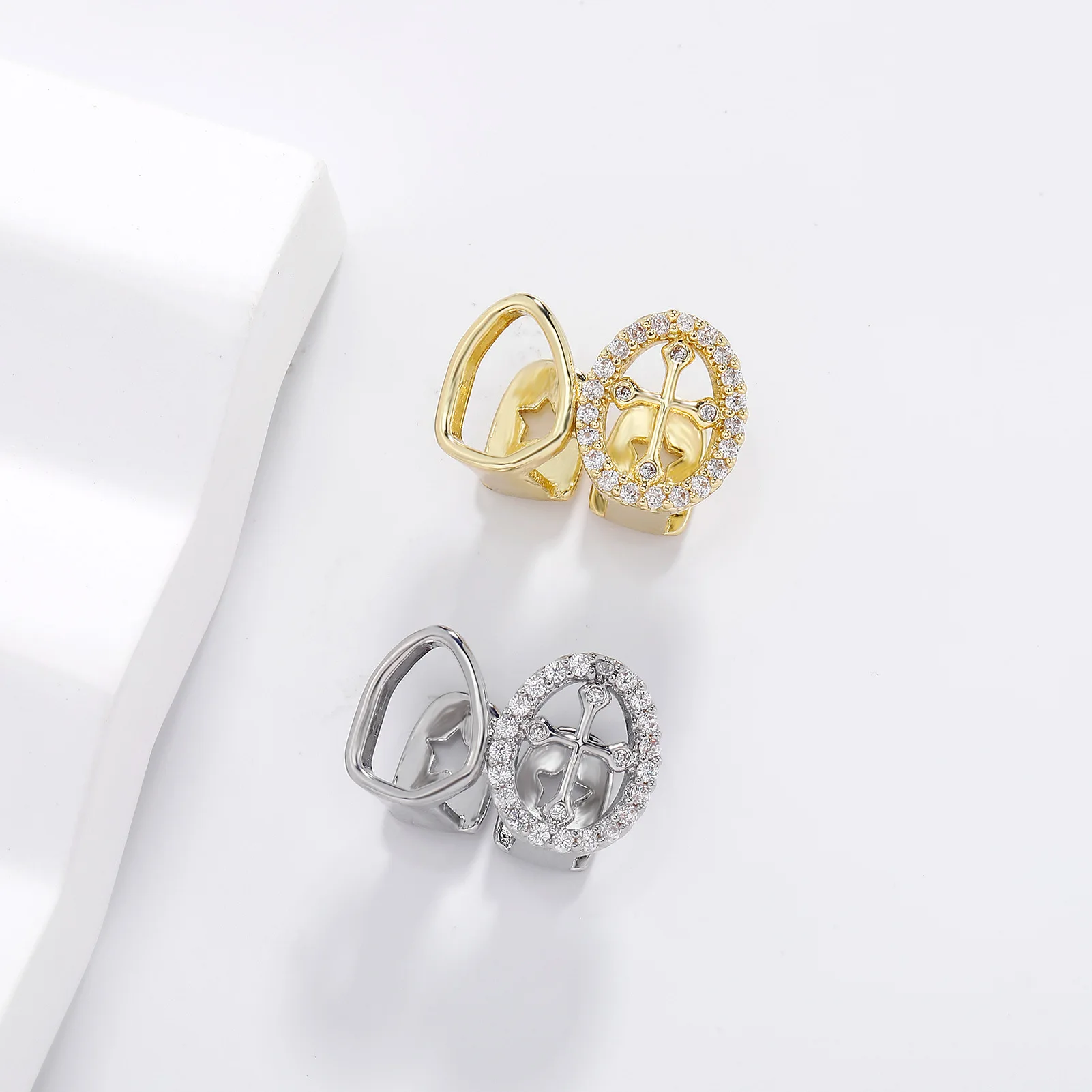 Factory Direct Hollow Cross Teeth Grillz Full CZ Zircon Gold Silver Hip Hop Bulk Cross Border Party Mouth Jewelry Wholesale