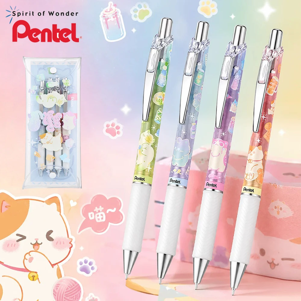 

4pcs/set Japan Pentel Gel Pens Cat Limited Speed Dry Black Pen Thick Ink ENERGEL BLN75TL 0.5mm Kawaii School Stationery