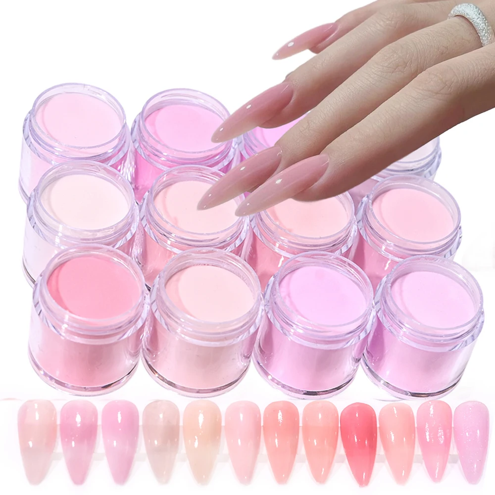 Juego de polvos acrílicos profesionales 3 en 1, 12 colores, color rosa desnudo, 12 tarros, estructura de extensiones de uñas acrílicas y inmersión, polvo, polvos acrílicos, 10g