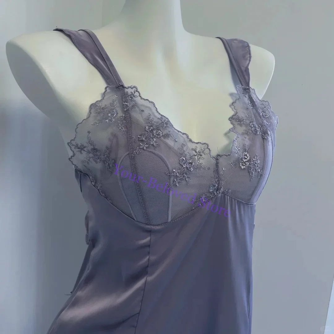 Purple Nightdress Lady Sexy Lace Flower Lingerie Chemise Sleepwear Women Satin Homedress Mini Nightwear Ruffle Spaghetti Strap
