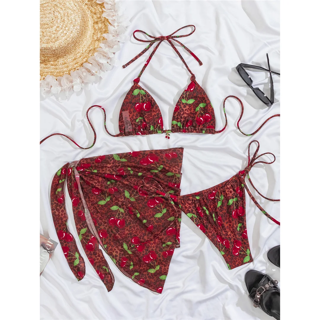 Mit Sarong Leoparden-Bikini, Damen-Badebekleidung, dreiteiliges Bikini-Set, Neckholder-Badeanzug, Badeanzug, Schwimmanzug V7900 – Detail 7