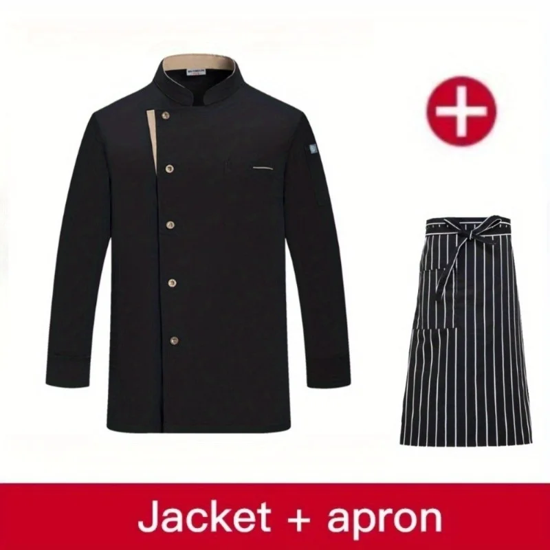 Conjunto de uniforme de chef de 2 piezas, chaqueta de cocina de manga larga con delantal para restaurantes, ropa de trabajo transpirable para cocinar y servicio de comida