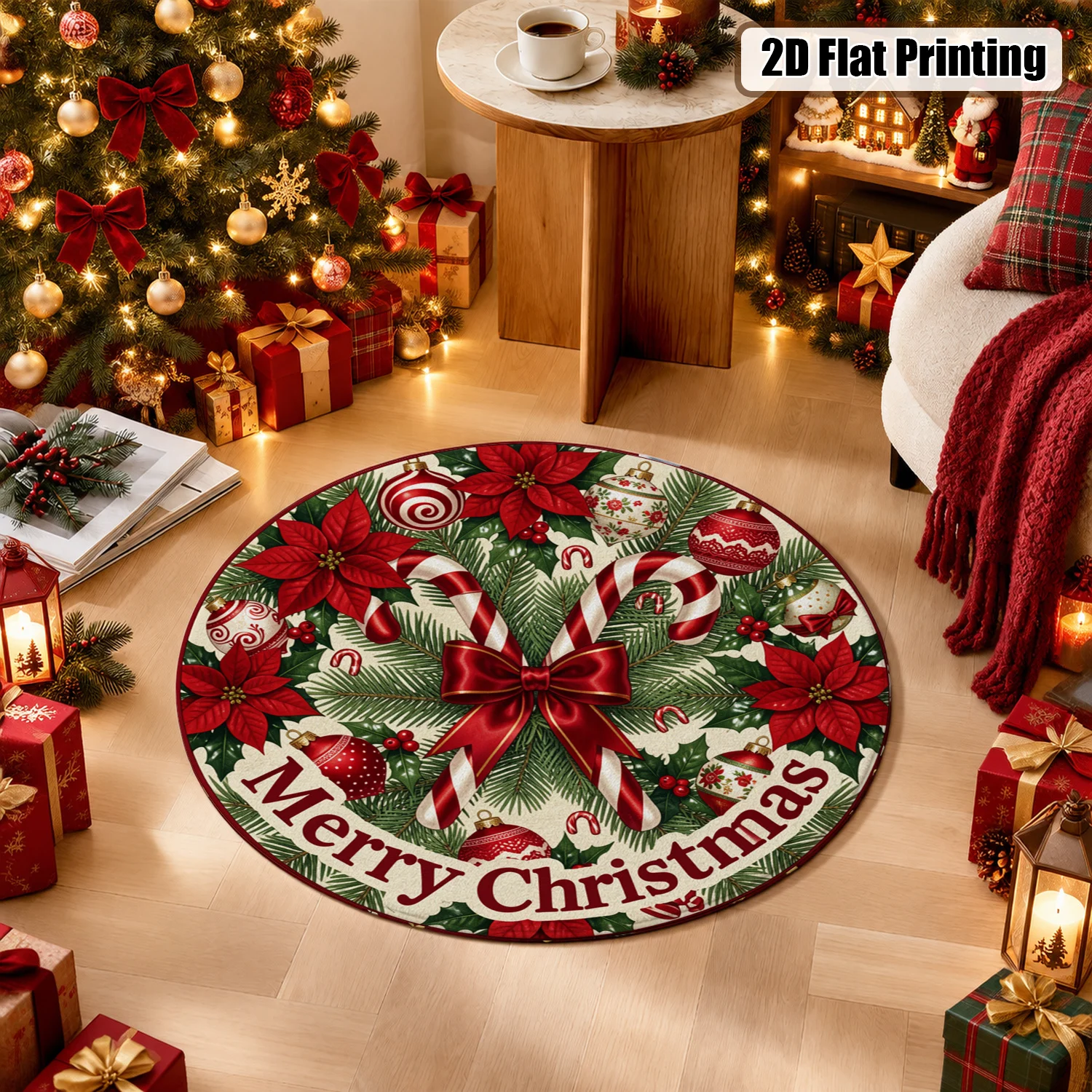 Christmas-Themed Circular Velvet Mat, Machine Washable, for Living Room, Dining Room, Entryway, Bedroom, Ideal for Halloween, Thanksgiving, Black Friday, Cyber Monday, Christmas, New Year