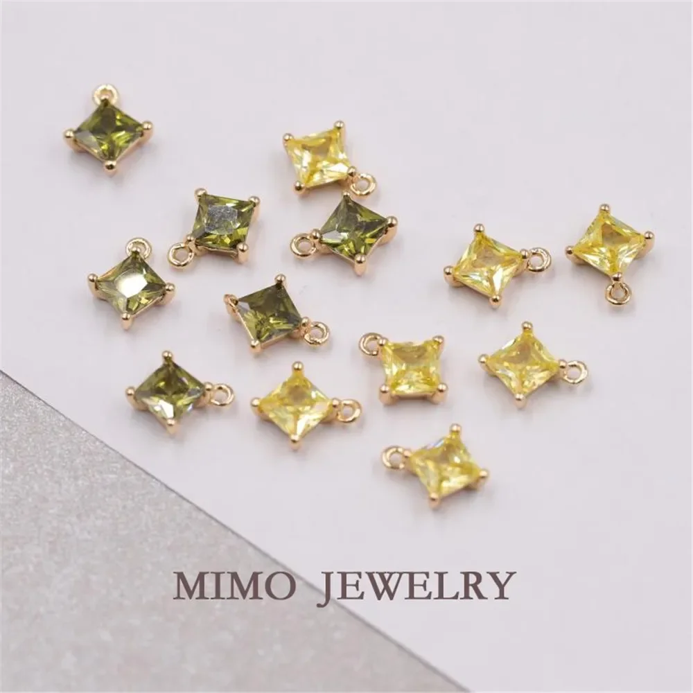 Gold plated cube square color zircon single ring Pendant copper plated 14K gold DIY fitting