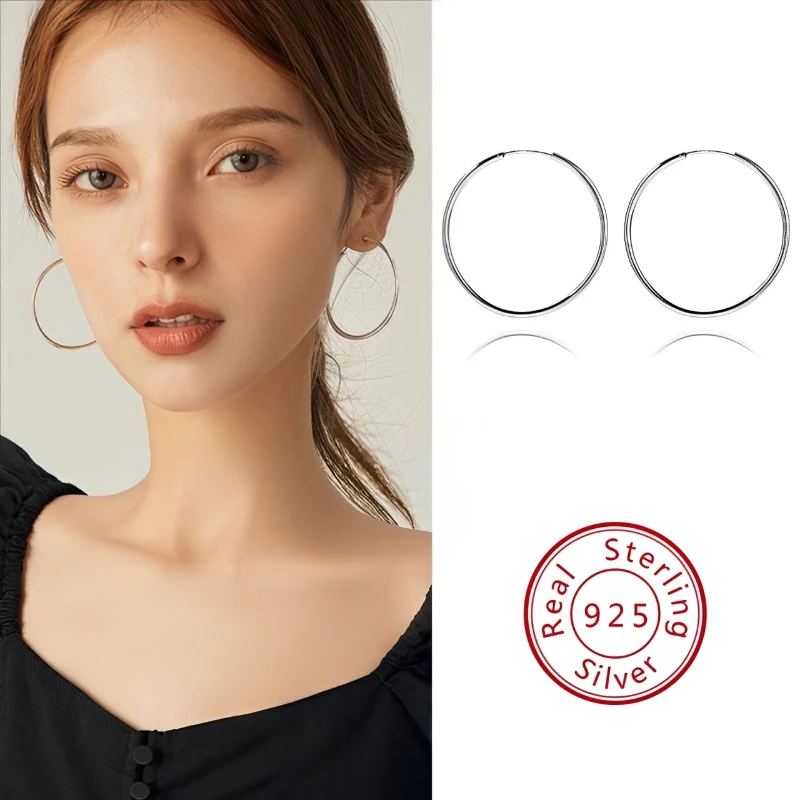 925 Sterling Silver 50mm 60mm Exaggerated Style Round Circle Hoop Earrings for Women Girls Fashion Jewelry Oversize