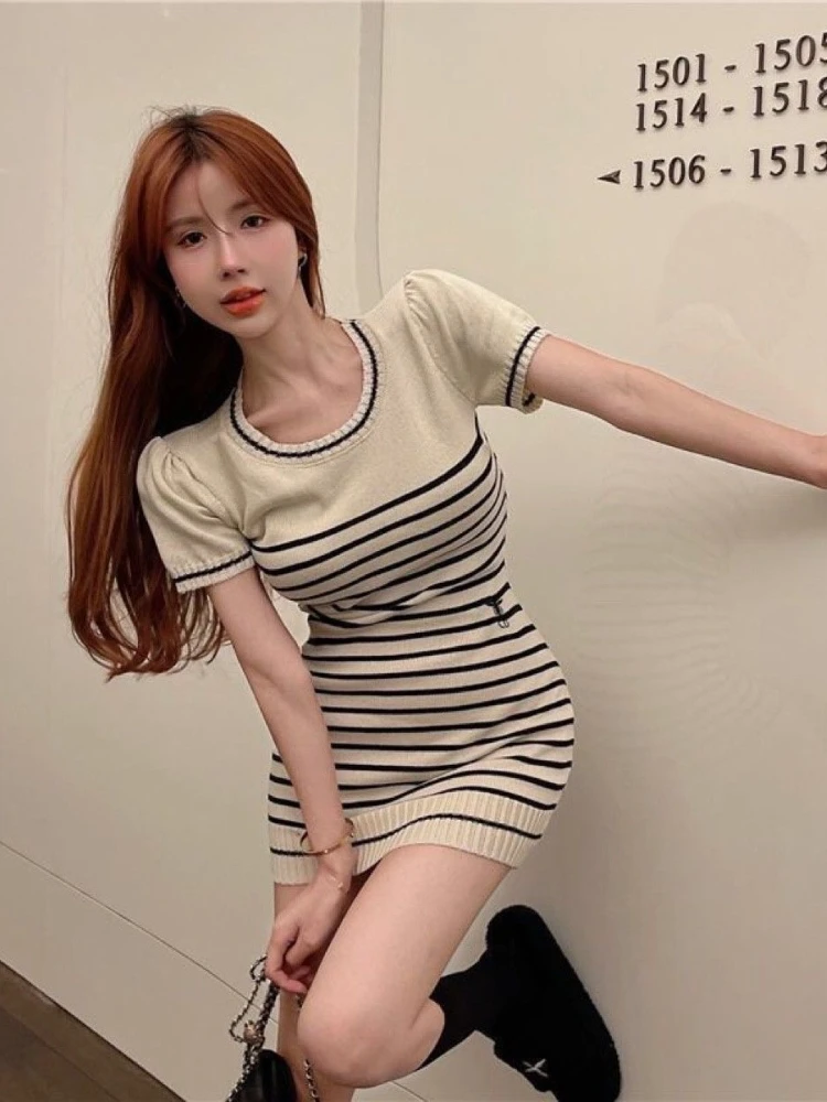 Summer New Sle Women's Slim Fit ort Dr Knitted Stripe Design High Waist Polyester Fiber ort Skirt High Faion Sense