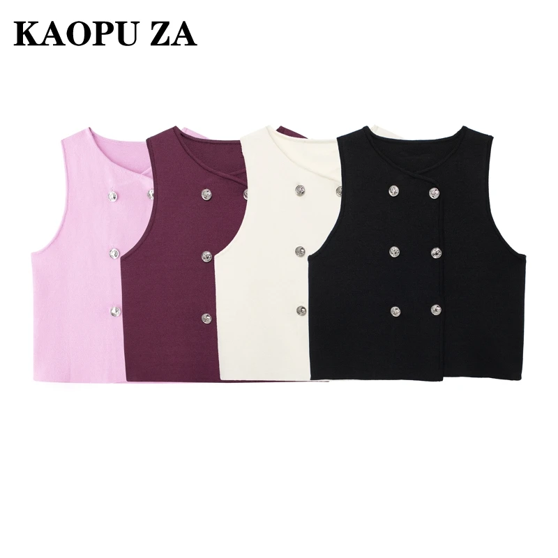 KAOPU ZA 2024 New Autumn Woman's Casual V-Collar Sleeveless Knit Coat Vest Female Fashion Solid Color Double-breasted Top Gilet