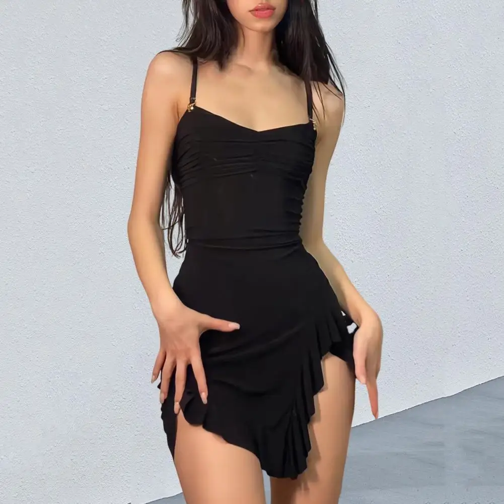 

Women Dress Elegant Irregular Ruffle Hem V Neck Mini Dress for Women Backless Party Nightclub Outfit with High Waist Pleats