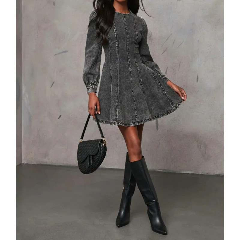 2025 Autumn, Elegant Temperament Splicing Waist Women's Denim Long-sleeved Dress