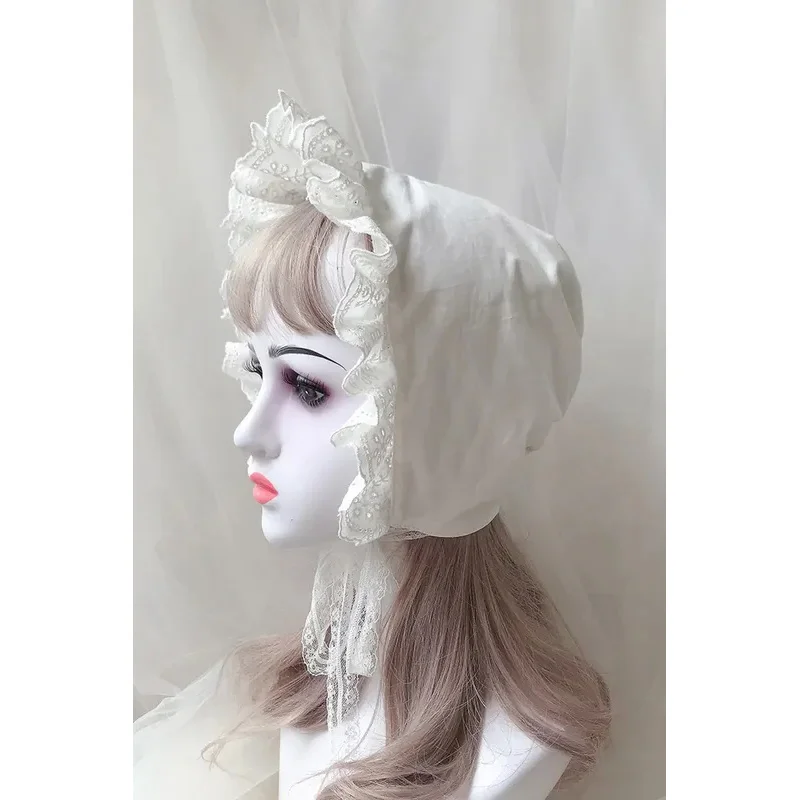 Lolita Ruffled Bonnet Hat 56CM Women Girls Victorian Medieval Vintage Maid Cosplay Lace-up Adjustable Hat  Pumpkin Cap