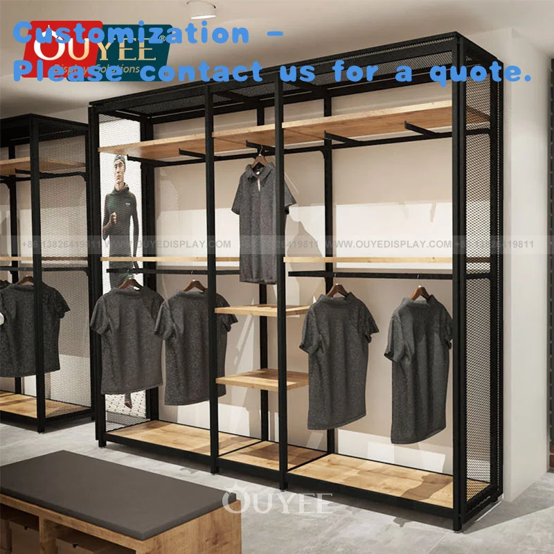 custom.Men's High-End Clothing Display Stand Portable Steel Iron Rack Store Interior Design Shop Fixture Wooden Clothes