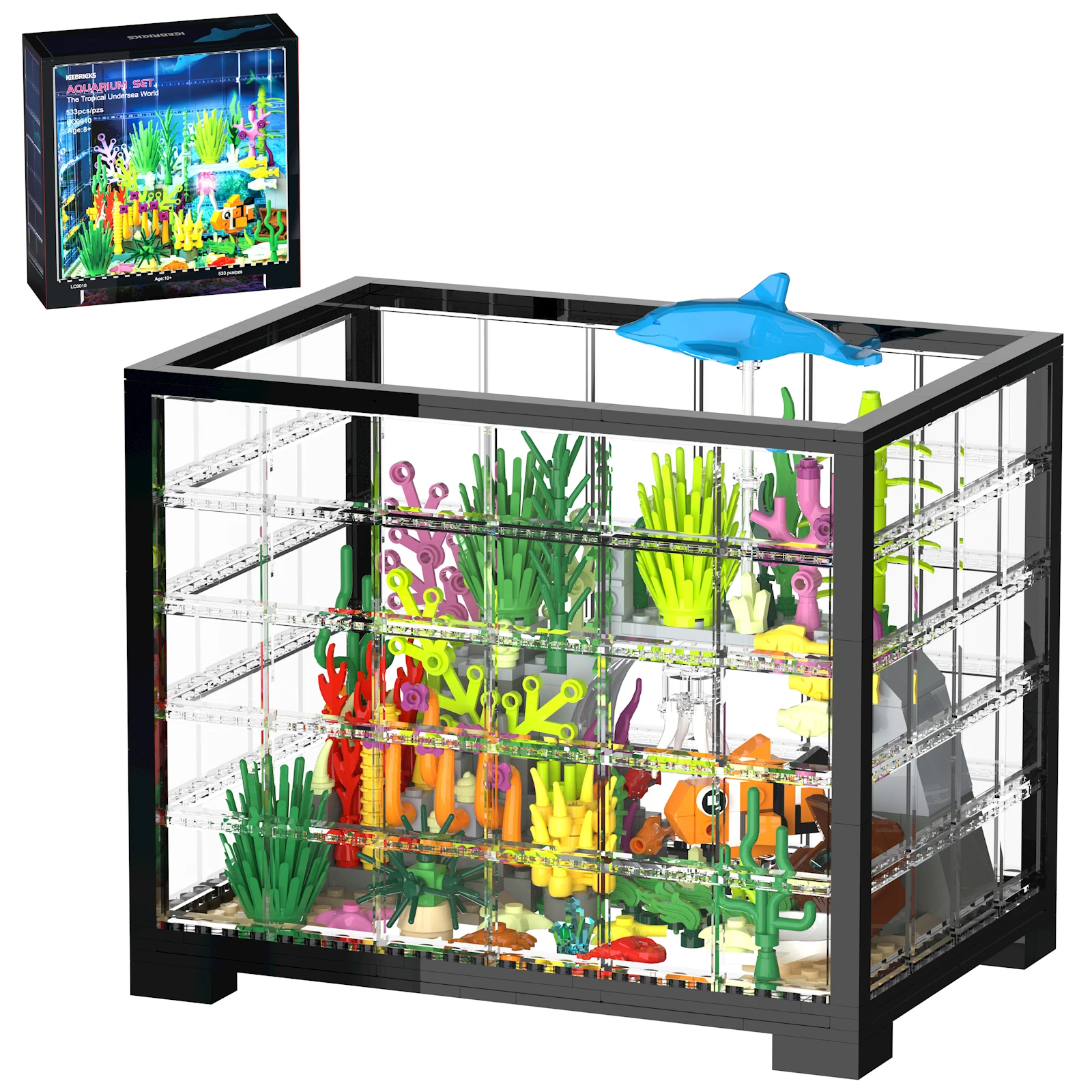 Fish Tank Building Sets with Light Kit, Aquarium Includes Treasure Chest Dolphin Jellyfish Starfish, Creative Ideas Gift