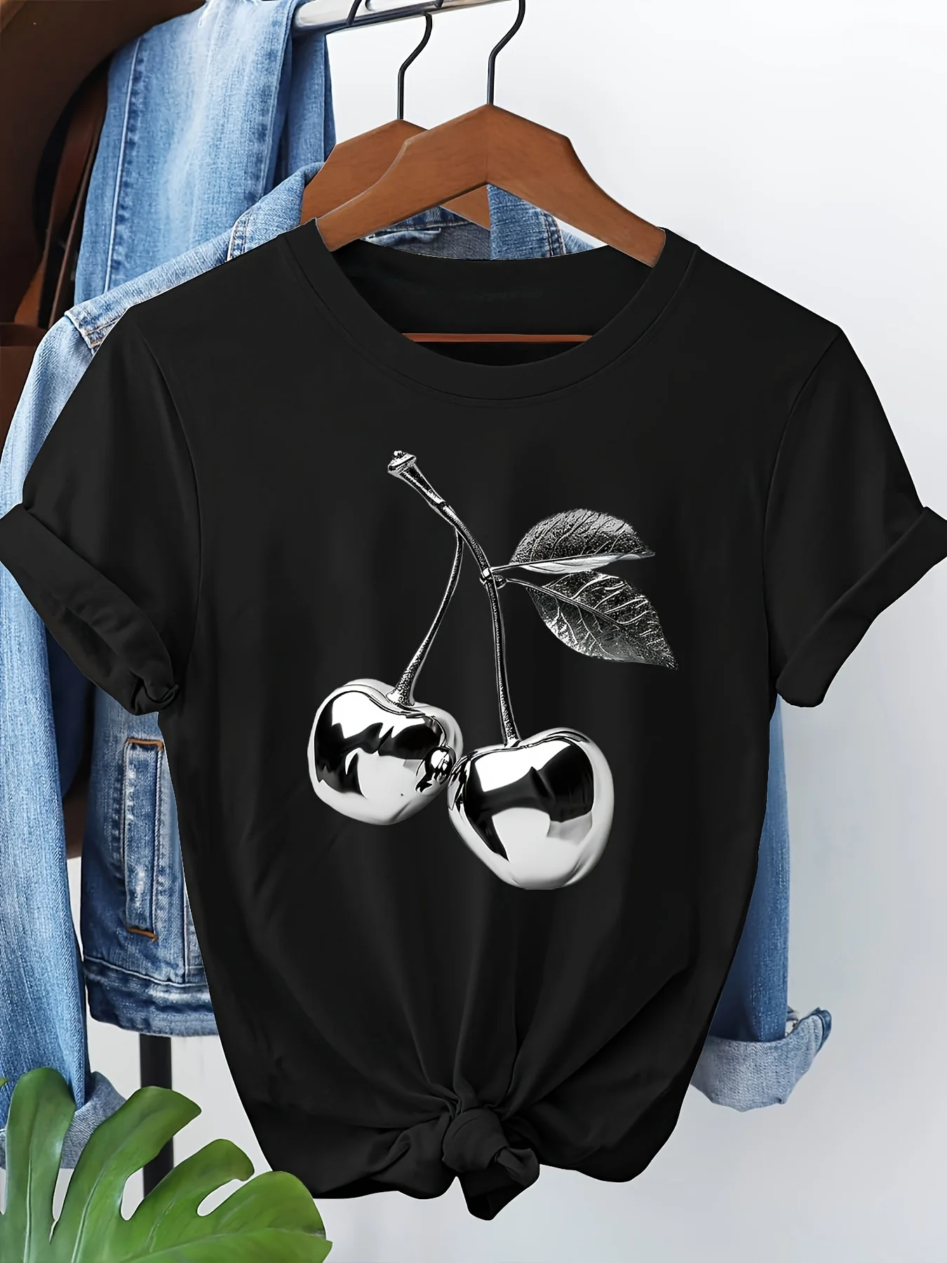 Fresh & Modern Silver Cherry Print Women'S Round Neck Short Sleeve T-Shirt - Casual Spring Summer Top with Cartoon Design Casual