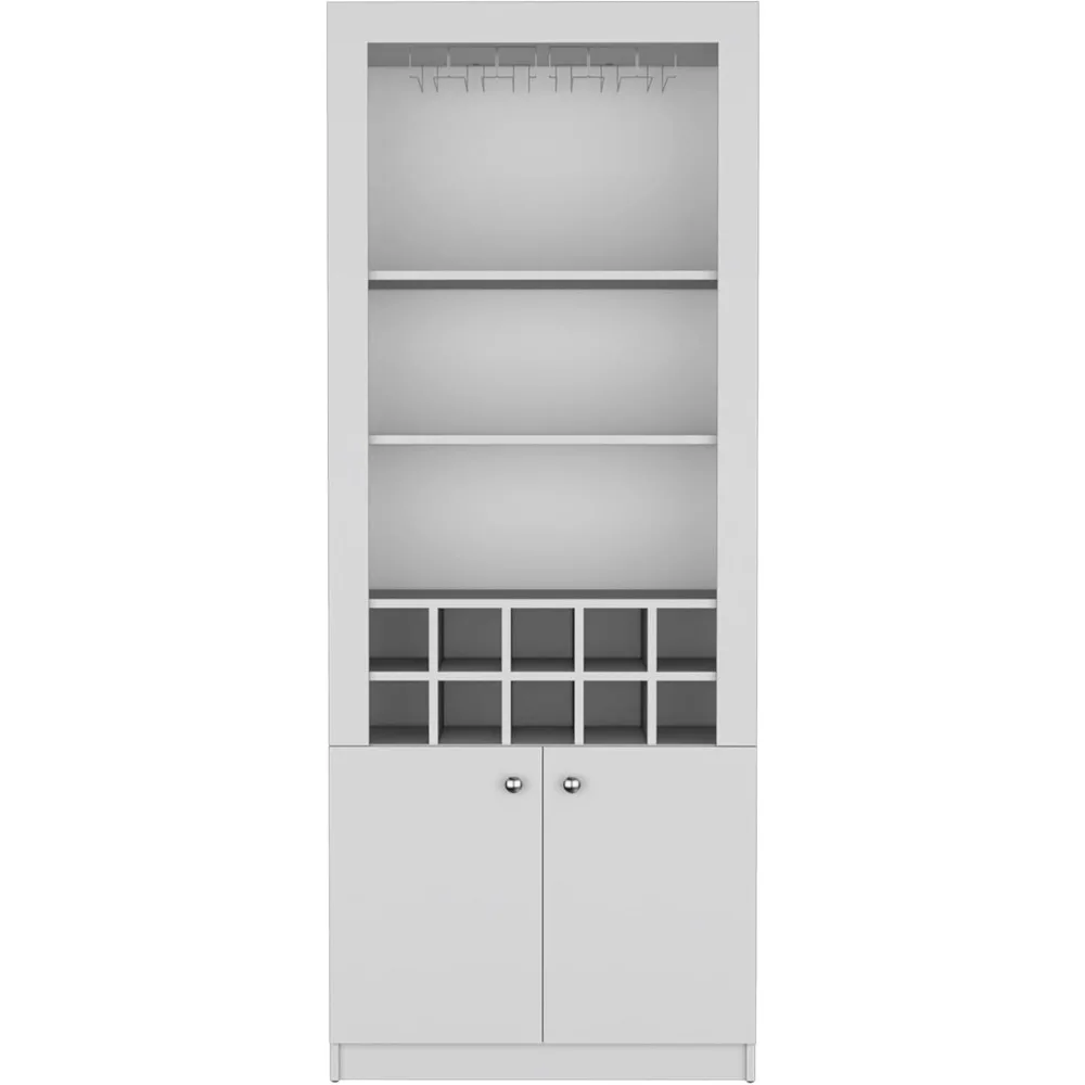 Modern Tall Bar Cabinet - 4-Tier Storage Solution for Wine, Liquor, and Stemware - Includes 10-Bottle Wine Rack, Stemware Rack