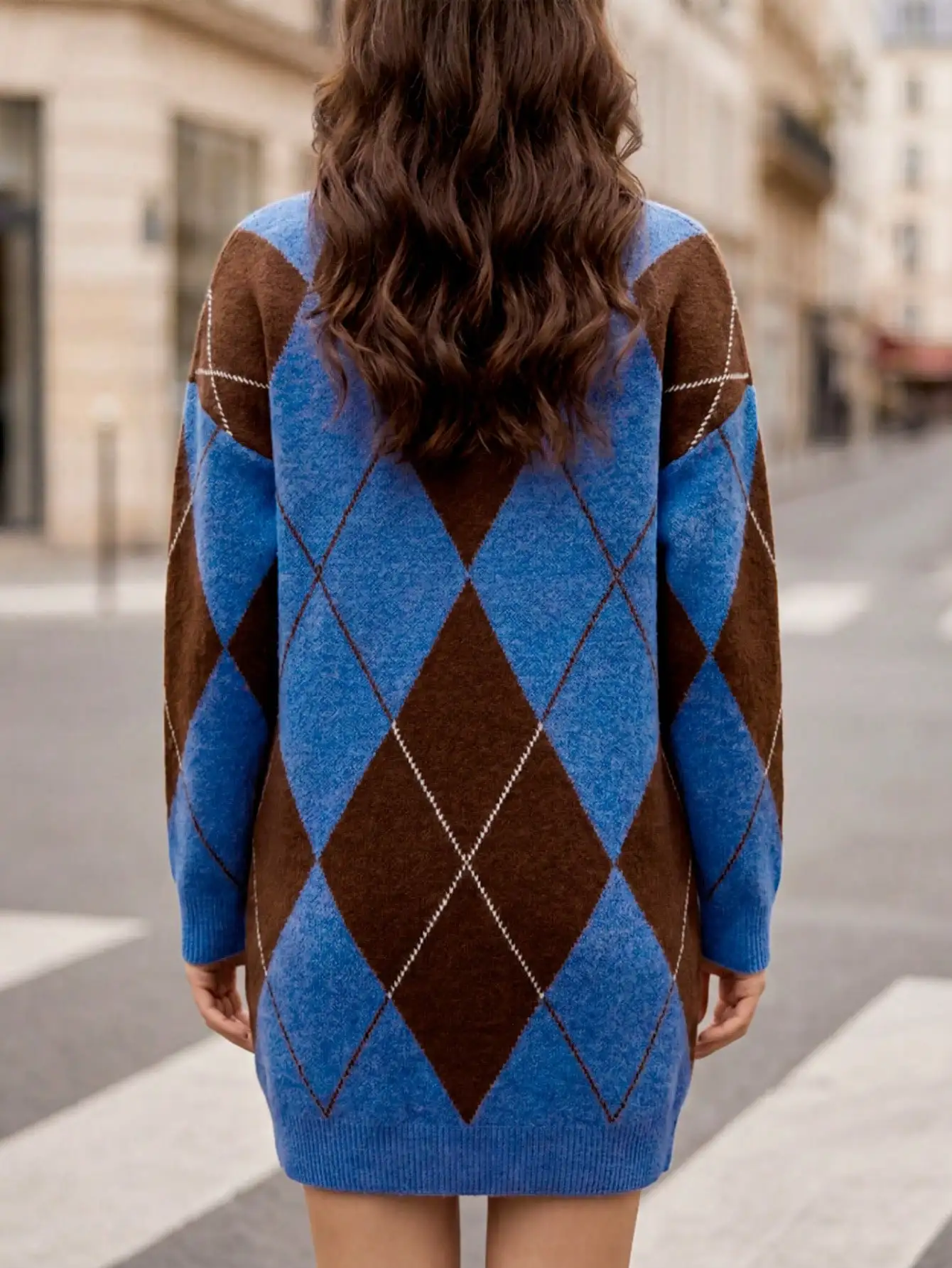 Plus Size Women Blue Brown Argyle Sweater Dress Mock Neck Long Sleeve Oversized Vintage Preppy Mini Dress Autumn Winter - view 4
