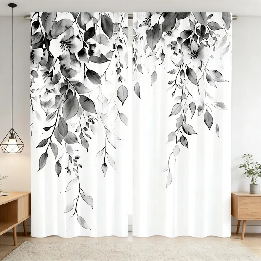 2PCS Digital Print Curtain, Gray Eucalyptus Leaf Botanical, Minimalist Nature Foliage for Living Room Bedroom Kitchen Decor