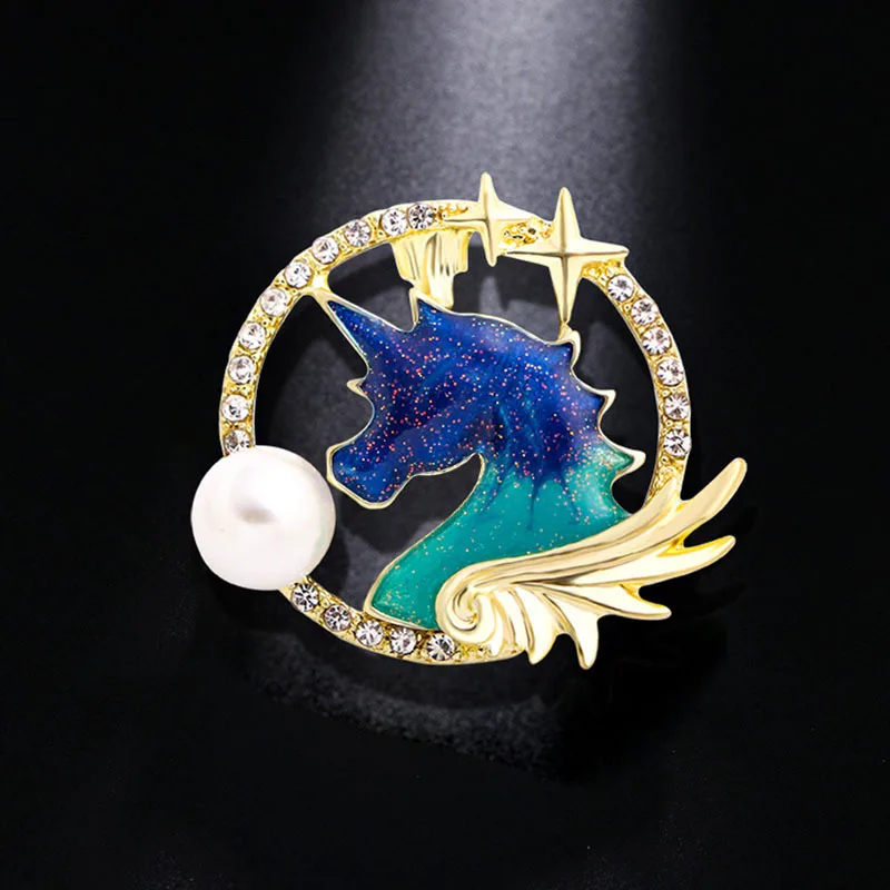 Xingyunday Blue Starry Sky unicorn Golden Brooch Rhinestone Safety Pin Badge Costume Jewelry Women Accessories Cute Gift