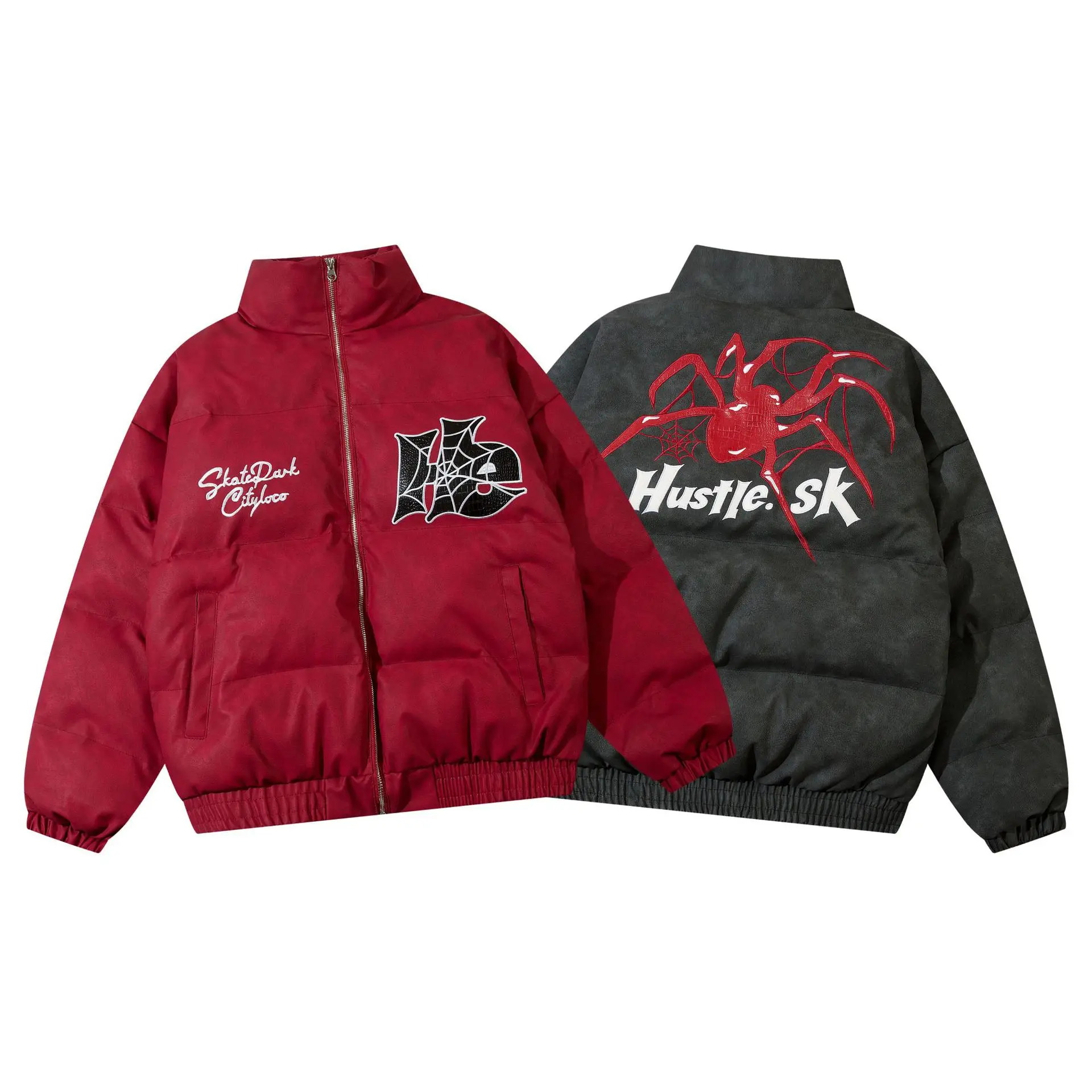 Veste matelassurera chaude brodée araignée rouge pour hommes et femmes, manteau coupe-vent décontracté surdimensionné, parkas d'hiver Hip Hop, Streetwear, 2023